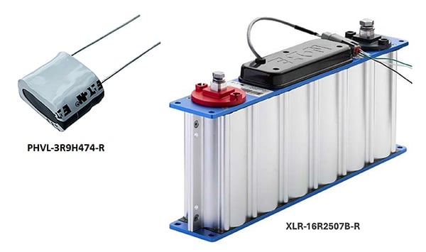 Ilustracja przedstawiająca superkondensatory PHVL-3R9H474-R oraz XLR-16R2507B-R firmy Eaton